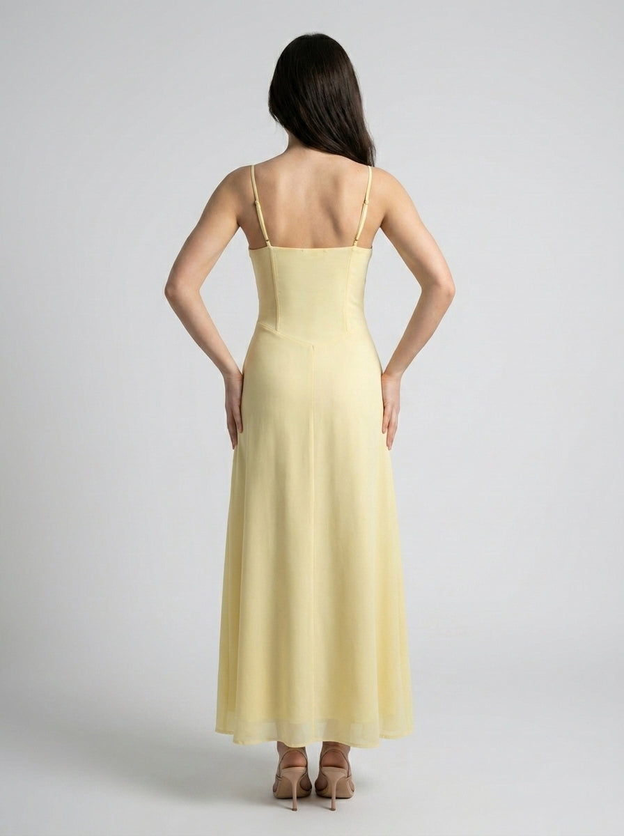 Leonie Sweetheart Tie Front Spaghetti Strap Maxi Dress in Yellow