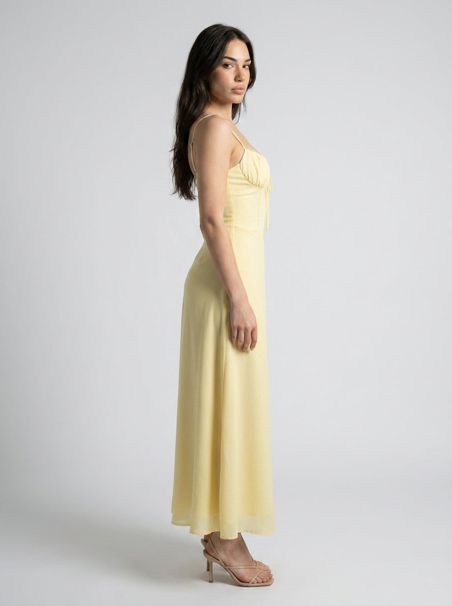Leonie Sweetheart Tie Front Spaghetti Strap Maxi Dress in Yellow