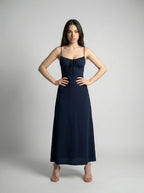 Leonie Sweetheart Tie Front Spaghetti Strap Maxi Dress in Navy