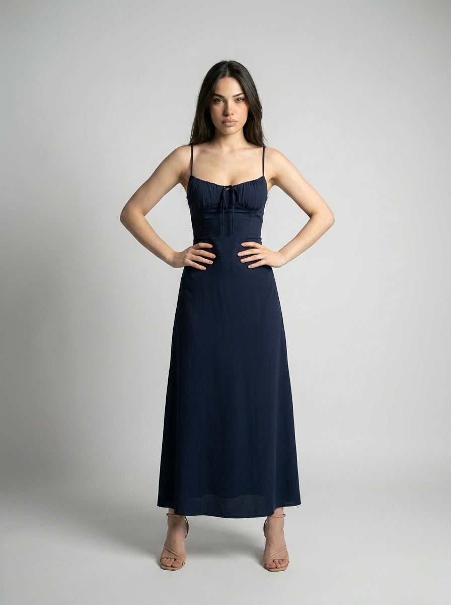 Leonie Sweetheart Tie Front Spaghetti Strap Maxi Dress in Navy