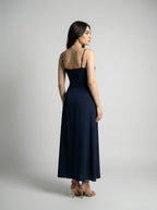 Leonie Sweetheart Tie Front Spaghetti Strap Maxi Dress in Navy