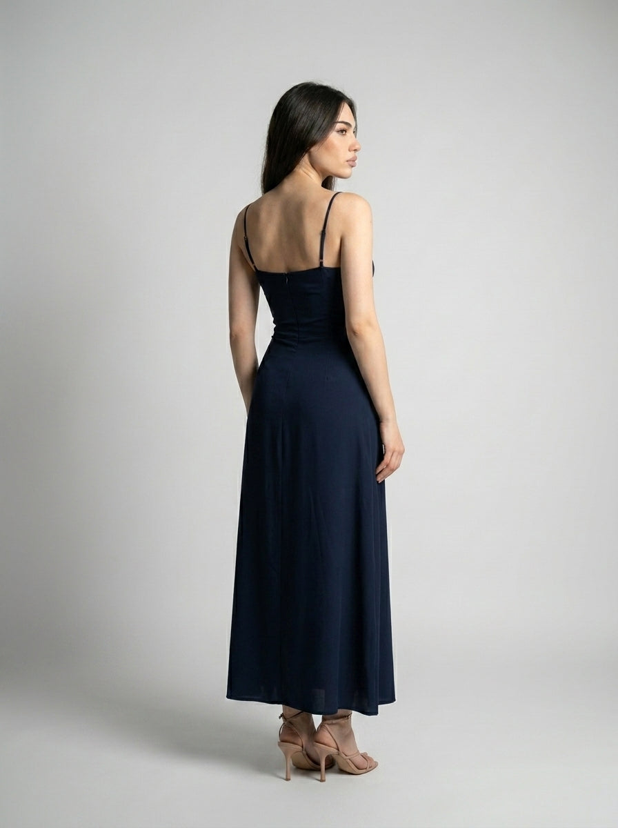 Leonie Sweetheart Tie Front Spaghetti Strap Maxi Dress in Navy