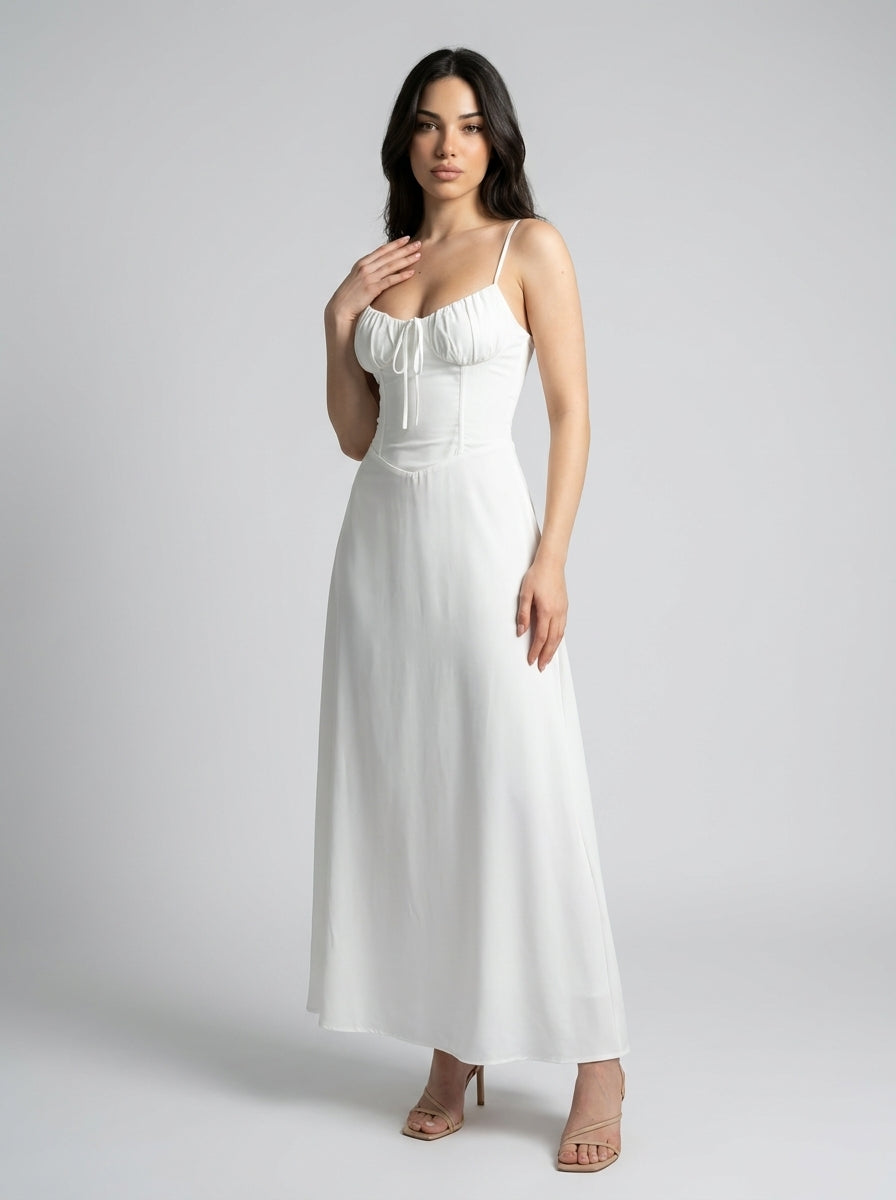 Leonie Sweetheart Tie Front Spaghetti Strap Maxi Dress in White