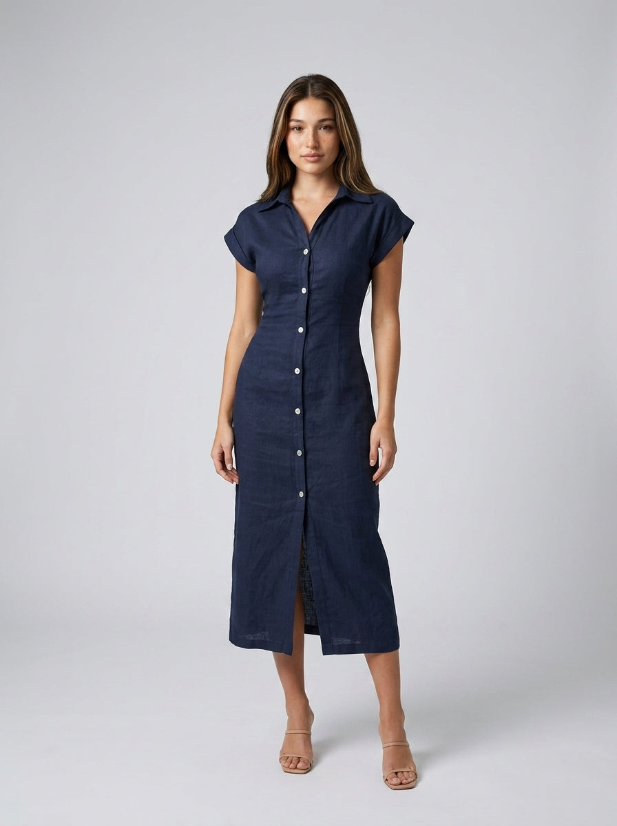 Sidonie Collared Button Front Cap Sleeve Midi Dress in Navy