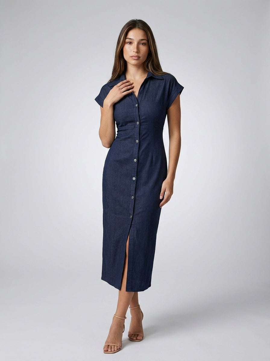 Sidonie Collared Button Front Cap Sleeve Midi Dress in Navy