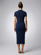 Sidonie Collared Button Front Cap Sleeve Midi Dress in Navy