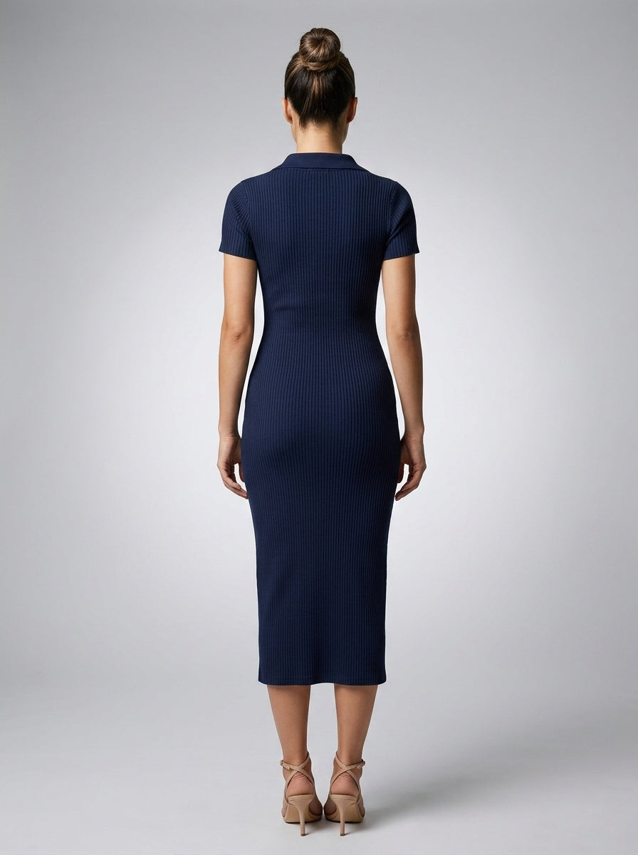 Sidonie Collared Button Front Cap Sleeve Midi Dress in Navy