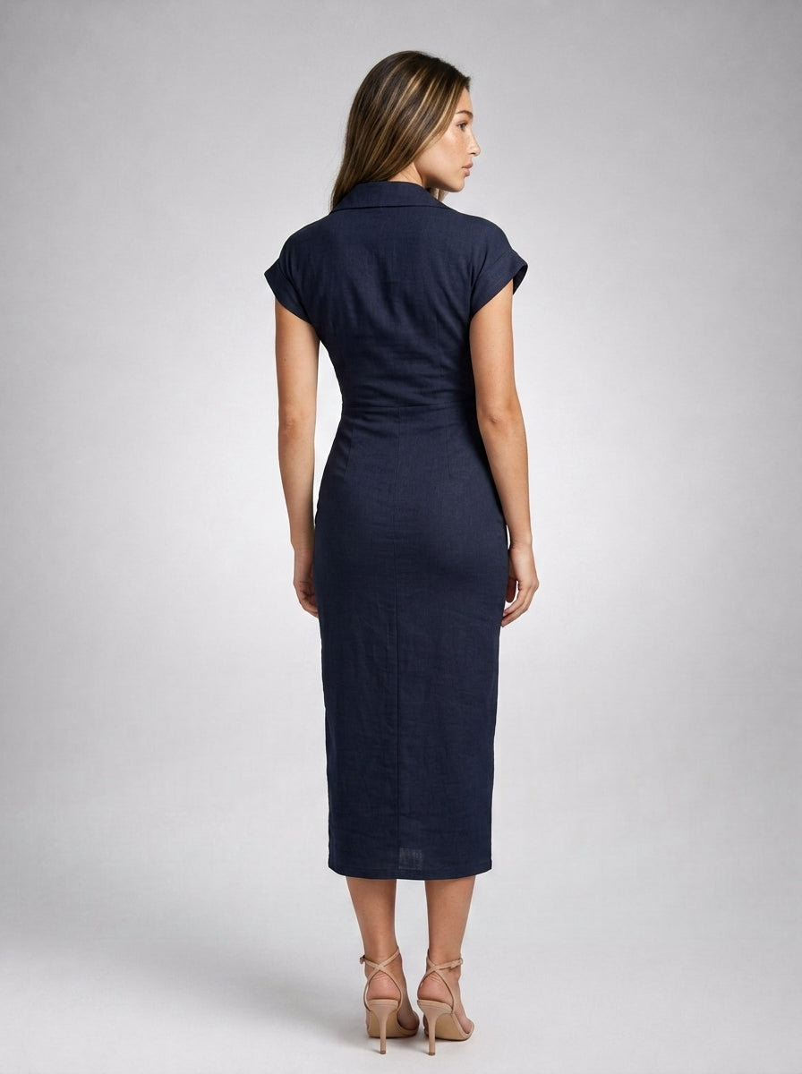 Sidonie Collared Button Front Cap Sleeve Midi Dress in Navy
