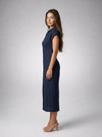 Sidonie Collared Button Front Cap Sleeve Midi Dress in Navy