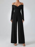 Ottilie Off-Shoulder Wrap V-Neck Wide Leg Jumpsuit in Black