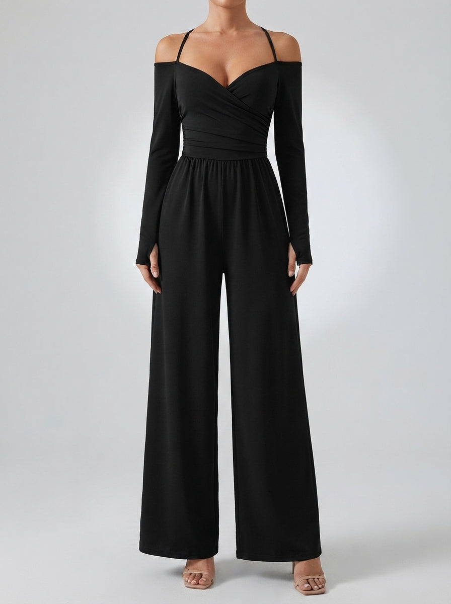 Ottilie Off-Shoulder Wrap V-Neck Wide Leg Jumpsuit in Black