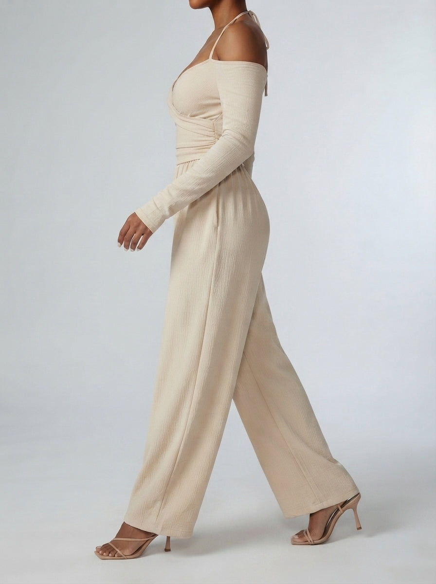 Ottilie Off-Shoulder Wrap V-Neck Wide Leg Jumpsuit in Beige