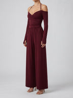 Ottilie Off-Shoulder Wrap V-Neck Wide Leg Jumpsuit in Burgundy