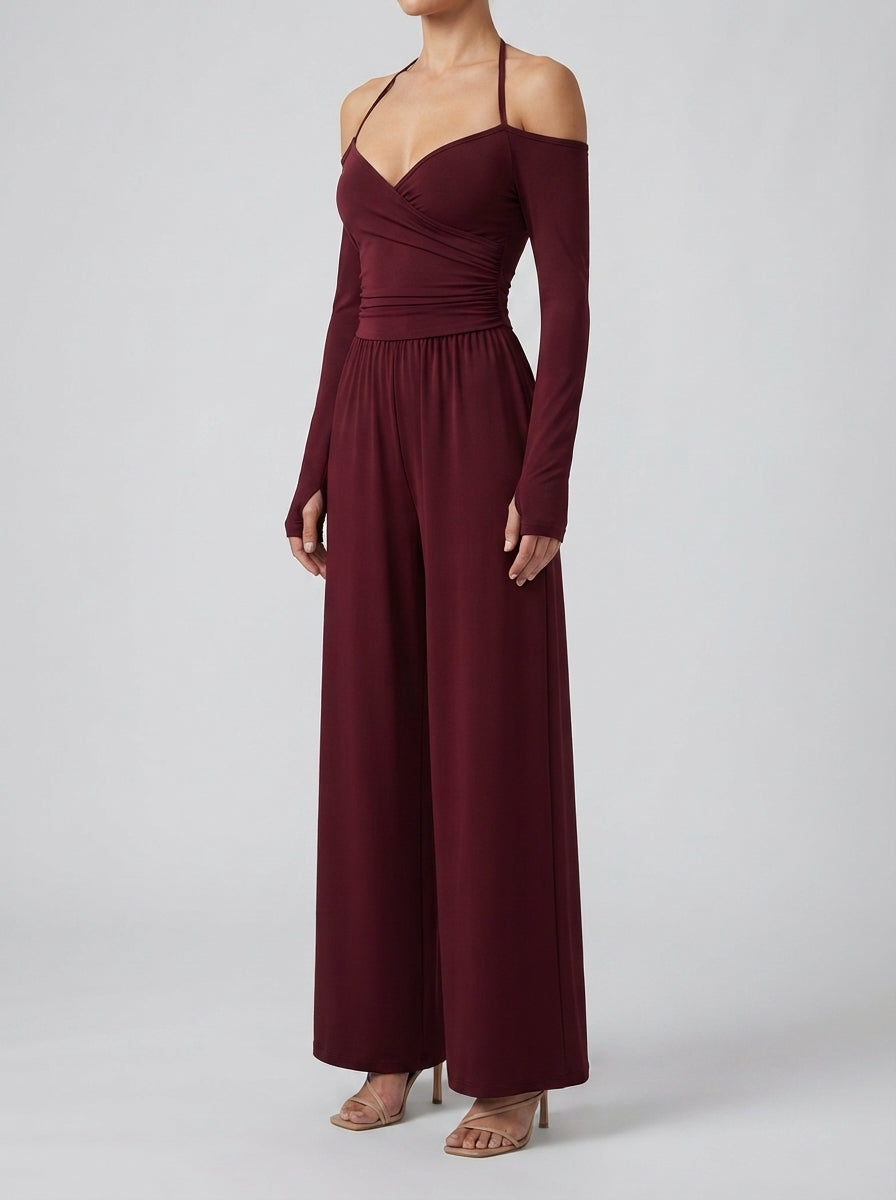 Ottilie Off-Shoulder Wrap V-Neck Wide Leg Jumpsuit in Burgundy