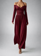 Ottilie Off-Shoulder Wrap V-Neck Wide Leg Jumpsuit in Burgundy