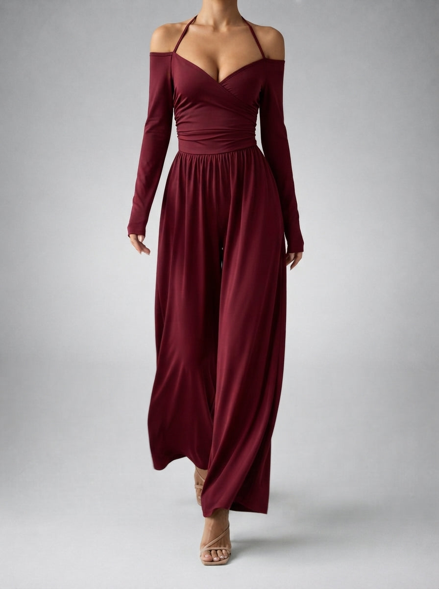 Ottilie Off-Shoulder Wrap V-Neck Wide Leg Jumpsuit in Burgundy