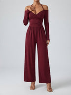 Ottilie Off-Shoulder Wrap V-Neck Wide Leg Jumpsuit in Burgundy