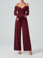Ottilie Off-Shoulder Wrap V-Neck Wide Leg Jumpsuit in Burgundy