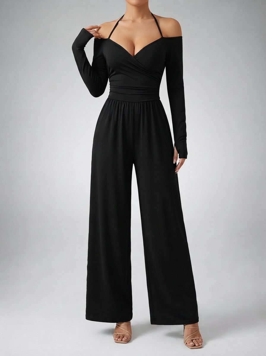 Ottilie Off-Shoulder Wrap V-Neck Wide Leg Jumpsuit in Black