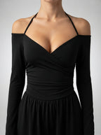 Ottilie Off-Shoulder Wrap V-Neck Wide Leg Jumpsuit in Black