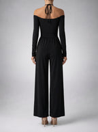 Ottilie Off-Shoulder Wrap V-Neck Wide Leg Jumpsuit in Black