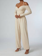 Ottilie Off-Shoulder Wrap V-Neck Wide Leg Jumpsuit in Beige