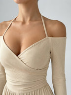 Ottilie Off-Shoulder Wrap V-Neck Wide Leg Jumpsuit in Beige