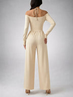 Ottilie Off-Shoulder Wrap V-Neck Wide Leg Jumpsuit in Beige