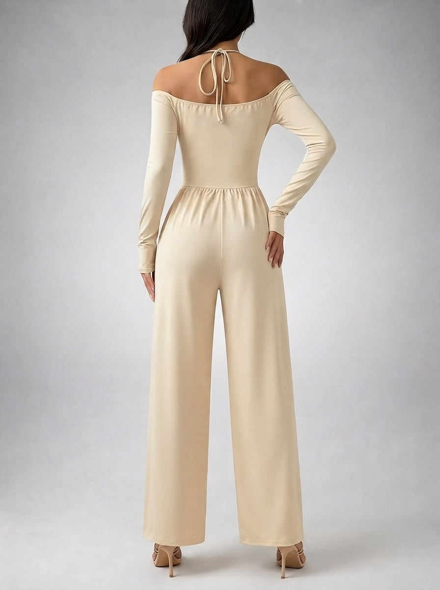 Ottilie Off-Shoulder Wrap V-Neck Wide Leg Jumpsuit in Beige
