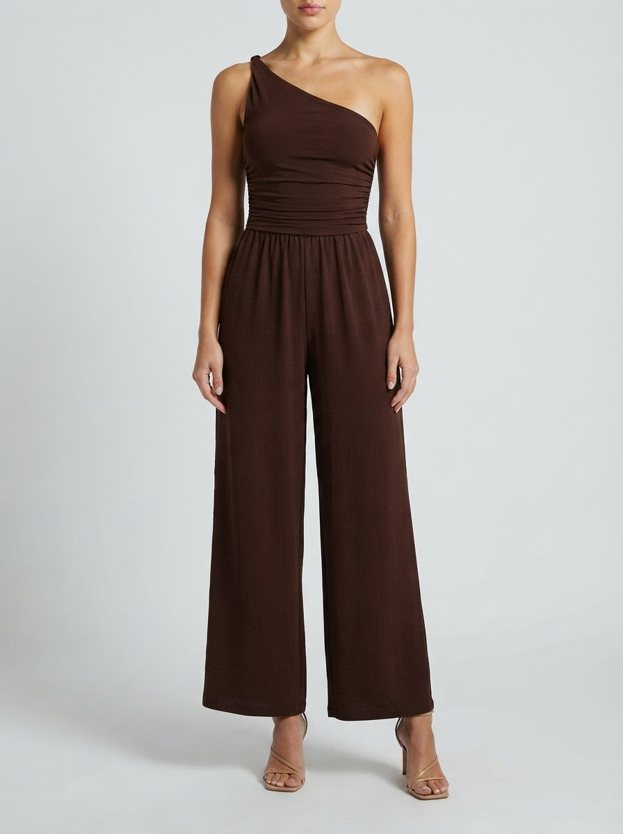 Delphine One Shoulder Wide Leg Jumpsuit in Brown