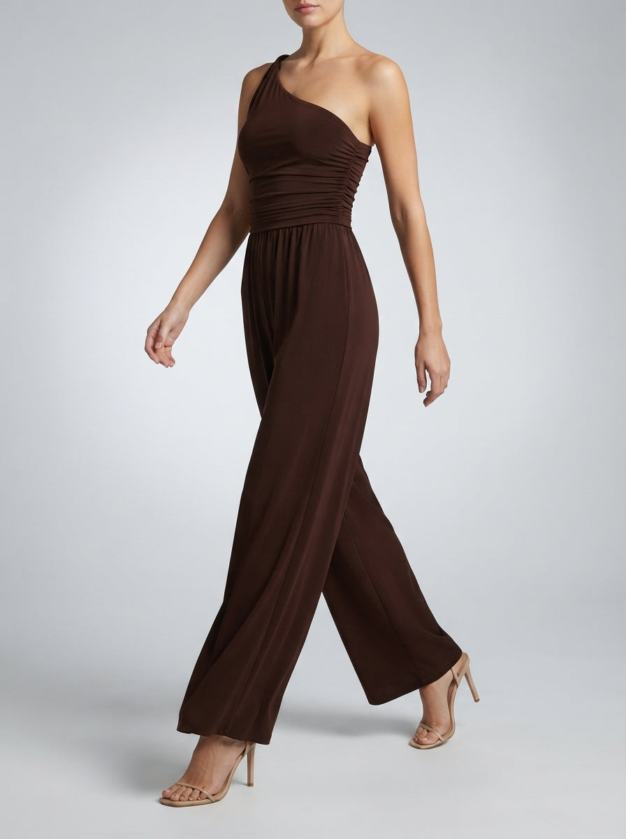 Delphine One Shoulder Wide Leg Jumpsuit in Brown