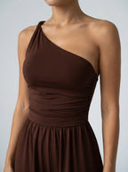 Delphine One Shoulder Wide Leg Jumpsuit in Brown