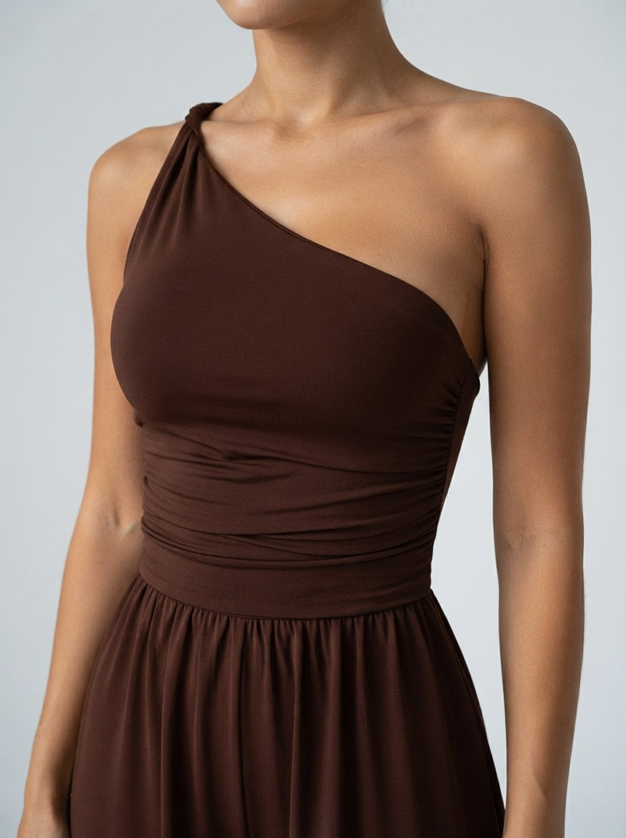 Delphine One Shoulder Wide Leg Jumpsuit in Brown