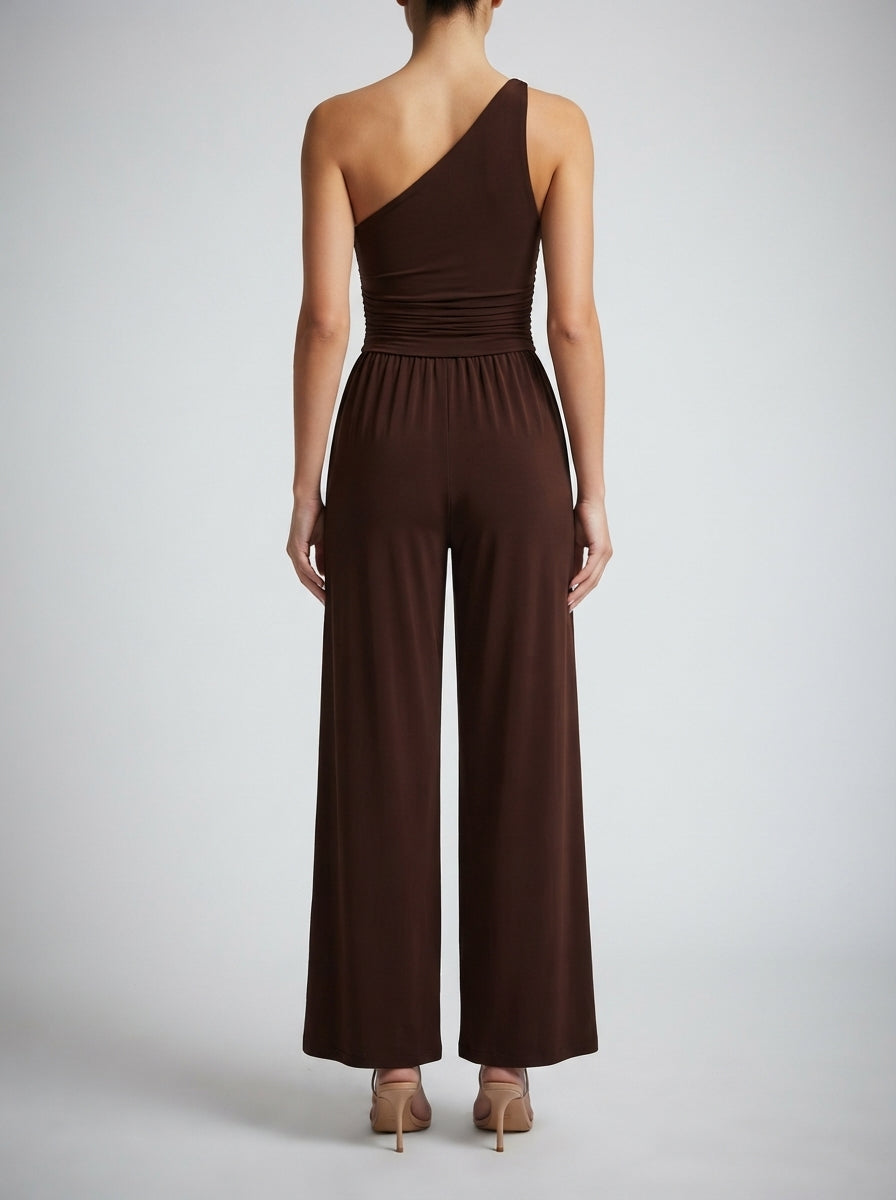 Delphine One Shoulder Wide Leg Jumpsuit in Brown