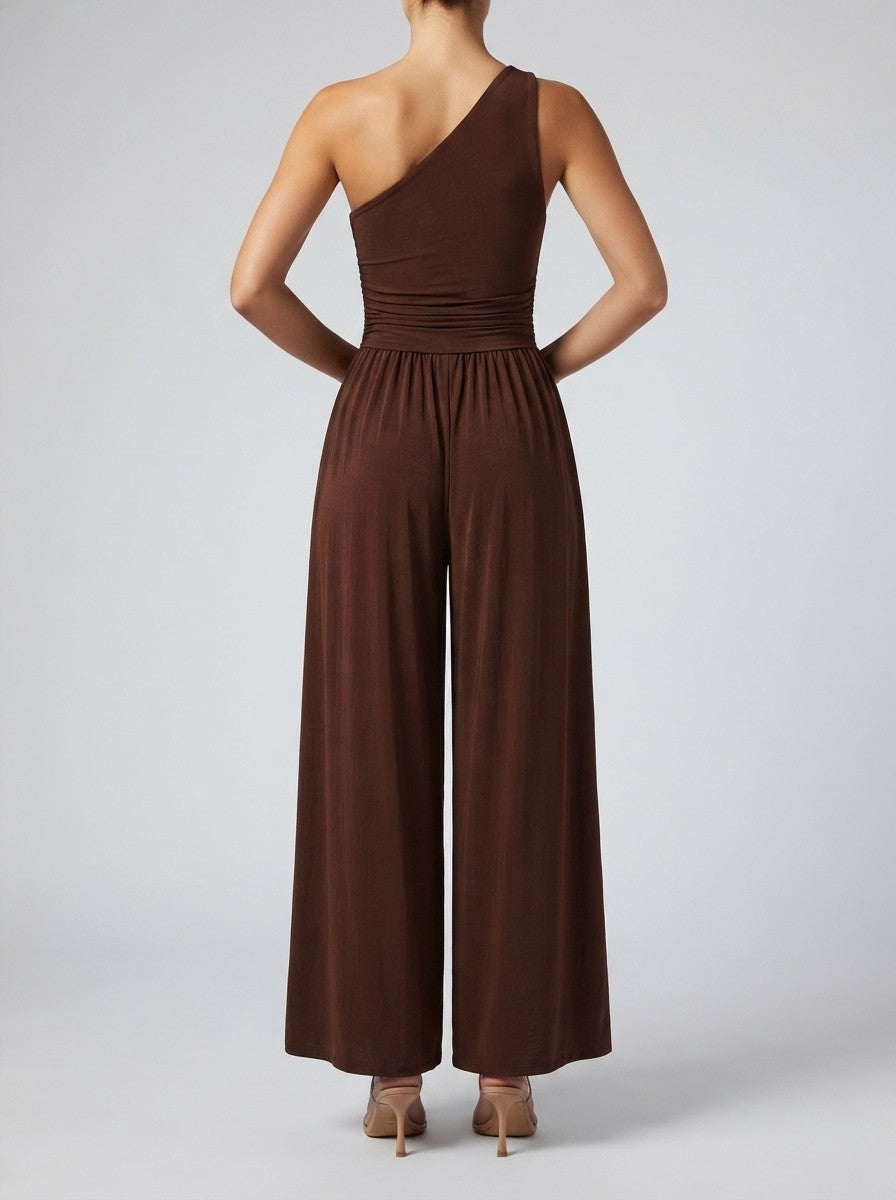 Delphine One Shoulder Wide Leg Jumpsuit in Brown