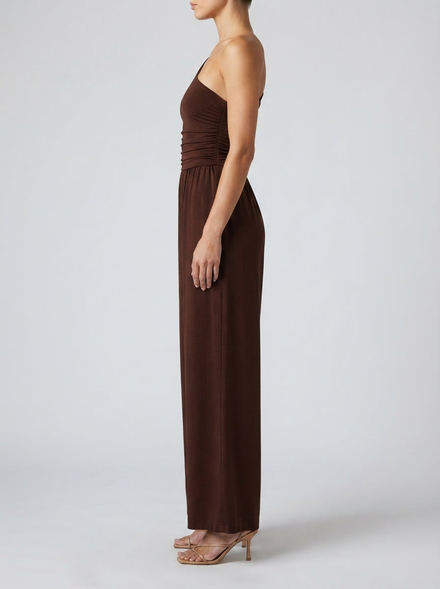 Delphine One Shoulder Wide Leg Jumpsuit in Brown