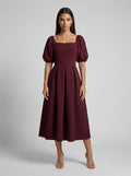 Elise Square Neck Puff Sleeve Pleated Midi Dress in Burgundy