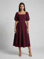 Elise Square Neck Puff Sleeve Pleated Midi Dress in Burgundy