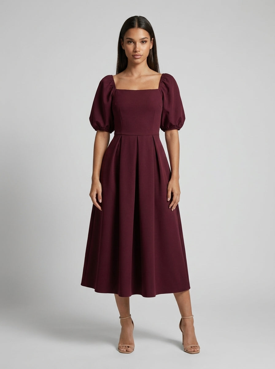 Elise Square Neck Puff Sleeve Pleated Midi Dress in Burgundy