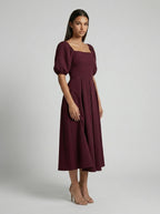 Elise Square Neck Puff Sleeve Pleated Midi Dress in Burgundy