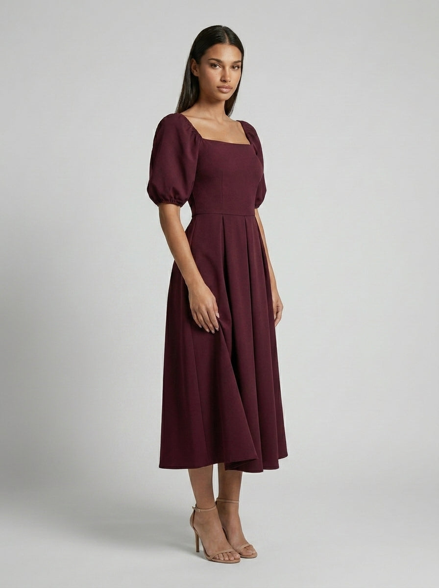 Elise Square Neck Puff Sleeve Pleated Midi Dress in Burgundy