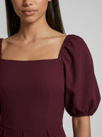 Elise Square Neck Puff Sleeve Pleated Midi Dress in Burgundy