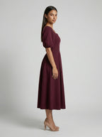 Elise Square Neck Puff Sleeve Pleated Midi Dress in Burgundy
