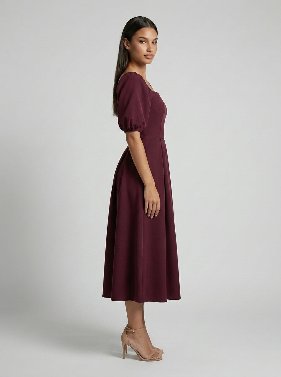 Elise Square Neck Puff Sleeve Pleated Midi Dress in Burgundy