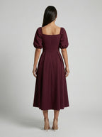 Elise Square Neck Puff Sleeve Pleated Midi Dress in Burgundy