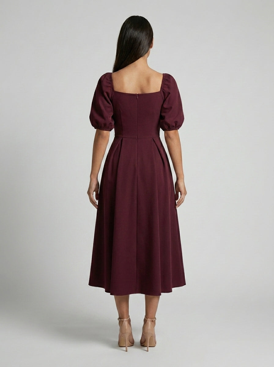 Elise Square Neck Puff Sleeve Pleated Midi Dress in Burgundy