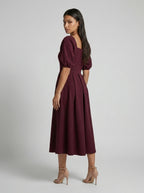 Elise Square Neck Puff Sleeve Pleated Midi Dress in Burgundy