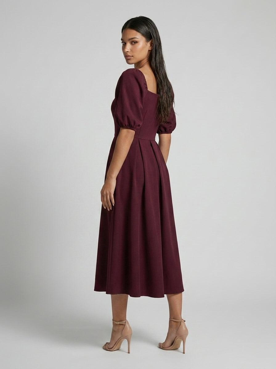 Elise Square Neck Puff Sleeve Pleated Midi Dress in Burgundy