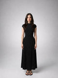 Solene Polka Dot Round Neck Cap Sleeve A Line Maxi Dress in Black