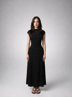 Solene Polka Dot Round Neck Cap Sleeve A Line Maxi Dress in Black